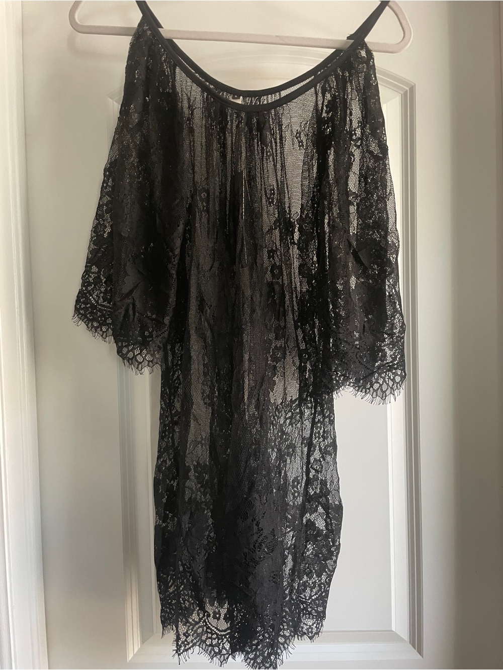 Anself Black Lace Cold Shoulder Cover Up Dress NWT Small Sheer Floral Scalloped